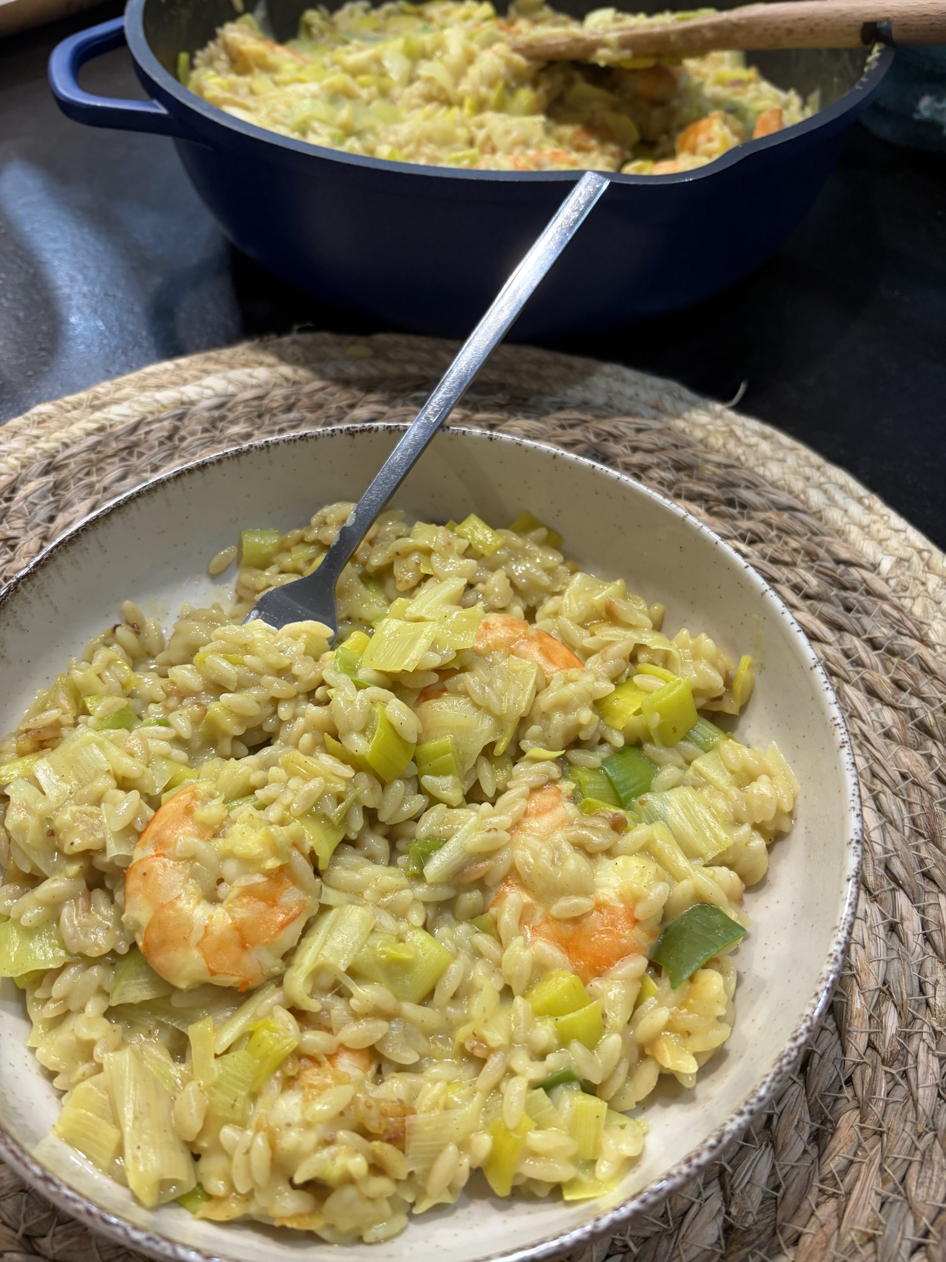 One pot Orzo, poireaux et crevette